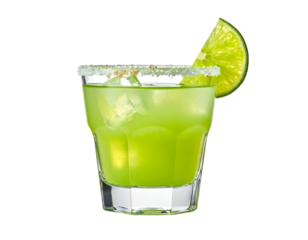 Refreshing green drink in a rocks glass, lime wedge, salt rim
