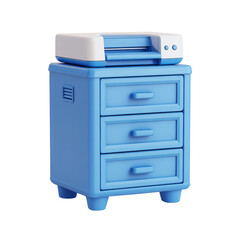 A charming 3d rendering of a blue filing cabinet with a printer on top, perfect for office and organization themes isolated on transparent background