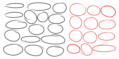 Collection of hand drawn oval and circular shapes in black and red ink on a white background