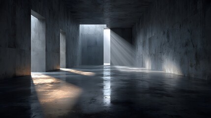 Fototapeta premium Empty, spacious room with minimalist raw concrete walls and a smooth floor. Dramatic shafts of sunlight create long shadows in an architectural style.