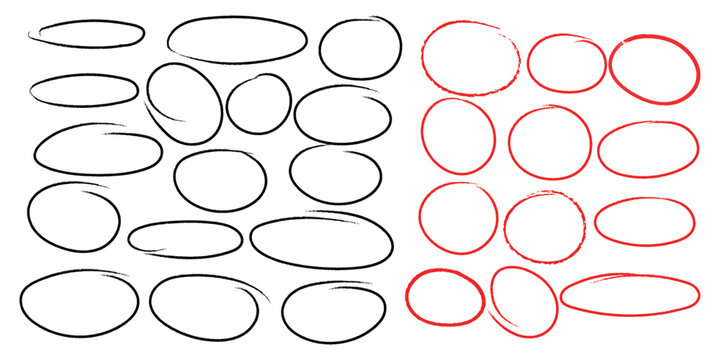 Collection of hand drawn oval and circular shapes in black and red ink on a white background