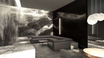 Modern black marble lounge with seating area and stylish lights, for interior design
