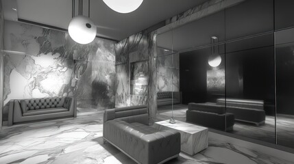 Marble interior lounge with sofas, lamps, and mirror reflections for design or decor use