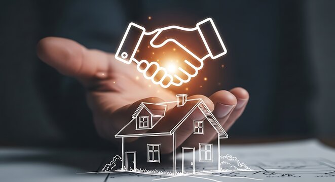 A hand presents a house and a handshake, symbolizing real estate, agreement, and partnership in the property market, suggesting trust and successful transactions