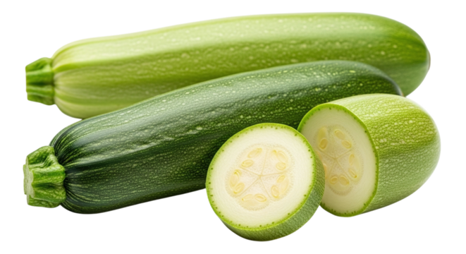 Fresh zucchini squash vegetables on a black background with one cut to show the interior