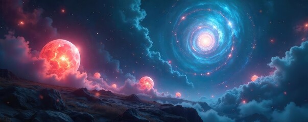 Mysterious, ethereal scene with glowing orbs and swirling nebulae, invoking a sense of otherworldly elegance and magic Perfect for fantasy, occult, or mystical themes , sorcery, otherworldly, black