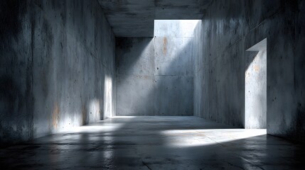 Obraz premium Empty, spacious room with minimalist raw concrete walls and a smooth floor. Dramatic shafts of sunlight create long shadows in an architectural style.