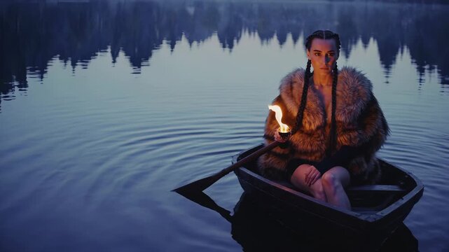 Woman holds torch in boat. Fur coat and braid visible by torchlight. Lake reflection and flame ripple near hull. Solitude and mystery in calm water. Suitable for editorial and cinematic use. Moody.