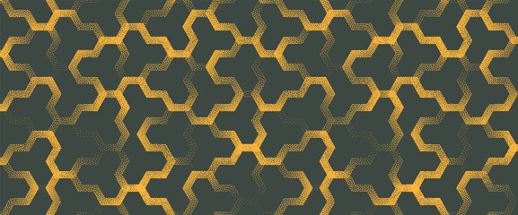 Vector abstract wide panoramic background with yellow green hexagon lattice and halftone grainy texture. Inspired by arabic ornaments, perfect for interior decor, cultural backdrops, digital wallpaper