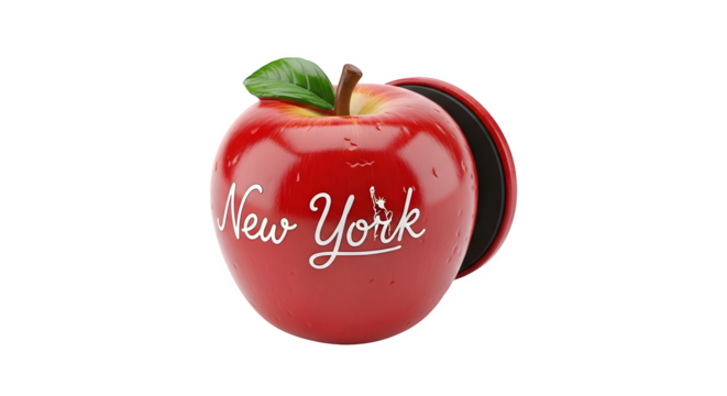 A red apple souvenir from new york isolated on transparent background, featuring a glossy finish, a green leaf, and the citys name written in white script