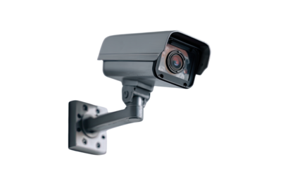 Modern grey and black security camera mounted on wall showing home surveillance safety and electronic monitoring technology isolated on white background
