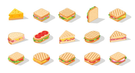 Isometric sandwiches and cheese slice vector illustration.