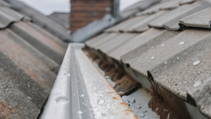 Dirty Gutter and Roof Tiles on a House.