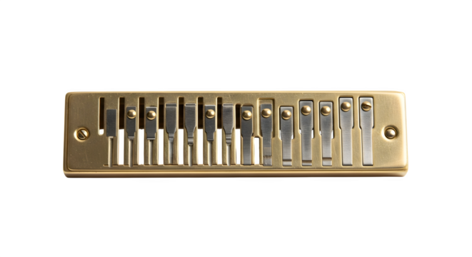 Closeup of a vintage harmonica reed plate isolated on transparent background this brass musical instrument part is essential for creating sound