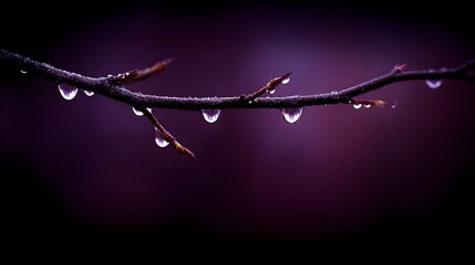 Water droplets cling to a bare branch against a dark purple background.