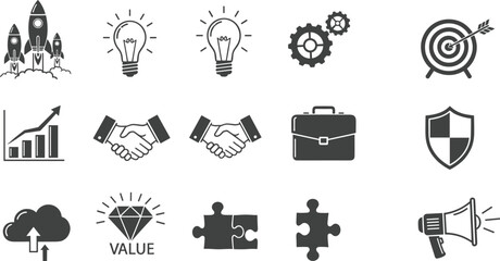 business icons, startup growth, innovation, teamwork, leadership, strategy, marketing, finance, success, productivity, creative idea, goal achievement, business solution vector