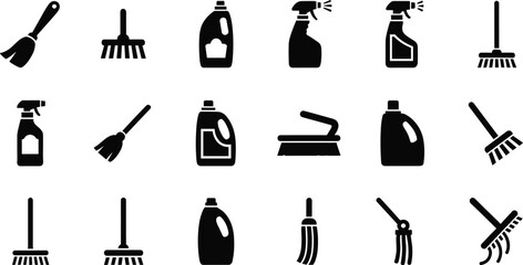 cleaning tools icons set, broom, detergent bottle, spray bottle, mop, brush, hygiene, house cleaning vector illustration design
