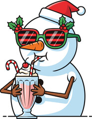 Cool snowman wearing Santa hat and sunglasses drinking milkshake, funny Christmas illustration, festive holiday cartoon character with candy cane
