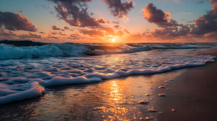 Obraz premium Breathtaking ocean sunset with golden reflections on the waves and shoreline