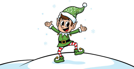 cute christmas elf cartoon illustration, happy holiday character in green costume, winter snow scene, festive fantasy design for kids and decor