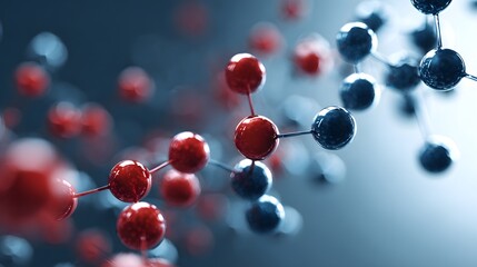 Close up molecular structure with red and blue spheres connected by rods.