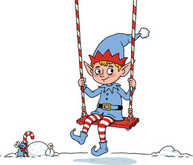 Cute Christmas elf swinging on candy cane swing, winter holiday cartoon illustration, cheerful festive character enjoying snowy Christmas season joy