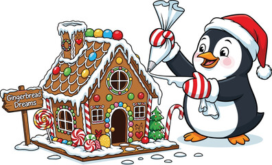 Cute Christmas penguin decorating gingerbread house with icing and candy, festive winter holiday illustration, joyful cartoon design for celebration and fun