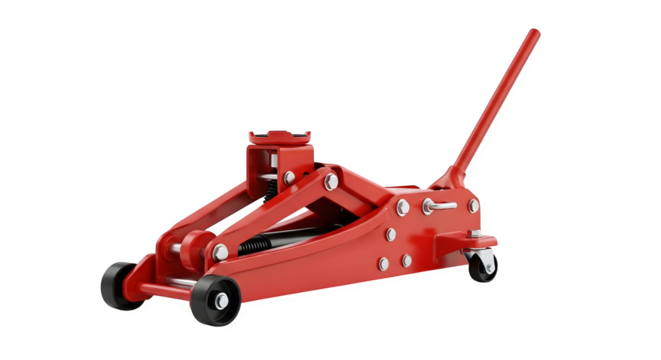 Red hydraulic floor jack isolated on transparent background essential tool for lifting vehicle for repair and maintenance in automotive industry
