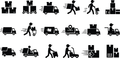 delivery service icon set, shipping, logistics, courier, transportation, parcel, truck, cargo, express delivery, warehouse, package, freight, vector illustration