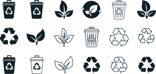 eco recycle bin icon set, sustainability symbol, green leaf design, environmental protection, waste management vector illustration, nature conservation logo collection