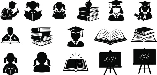 education icon set, student book graduation symbol, learning and study concept vector, school and college illustration design collection