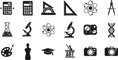 education icons, science symbols, art tools, learning equipment, microscope, atom, DNA, calculator, geometry, photography, creative school illustration vector