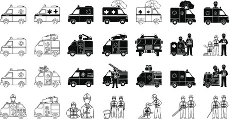 emergency vehicle icons, ambulance, rescue workers, paramedics, fire truck, medical service, safety team, emergency response, healthcare transport, first aid design
