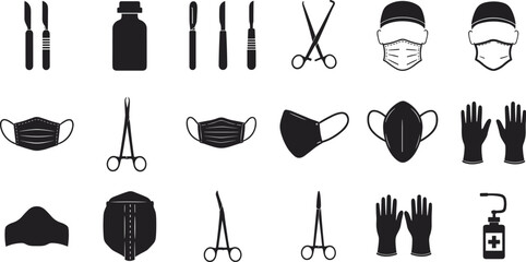 medical instrument icon set, surgical tools, doctor mask, gloves, sanitizer, healthcare equipment, hospital safety gear, surgery illustration, sterile instruments