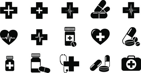 medical icons set with cross, pills, heart, and stethoscope symbols, healthcare and pharmacy vector design for hospital and clinic