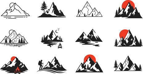 mountain landscape vector, hiking adventure, outdoor nature design, sunrise scenery illustration, camping logo, wilderness travel, pine forest silhouette art, minimalist style