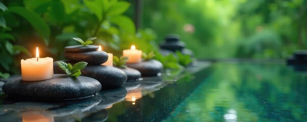 Serene horizontal spa scene featuring smooth stones, calming water, candles, and lush greenery  Perfect for relaxation, wellness, and healthy lifestyle themes ,  escape,  clean