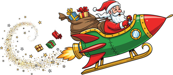 Santa Claus flying rocket sleigh with Christmas gifts and magic trail, festive holiday illustration, cartoon Christmas celebration design