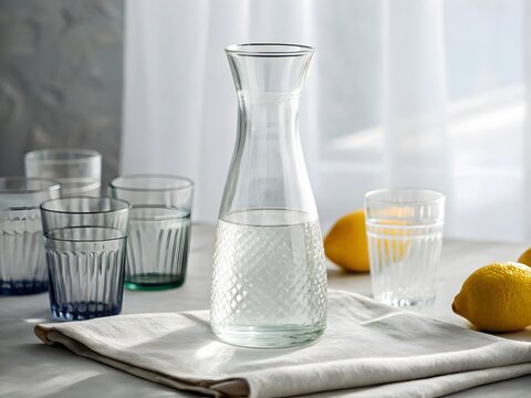 Textured blue and clear glasses with lemons and water carafe on white napkin, serene indoor scene with soft curtain and natural light