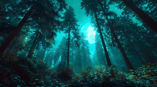 Full moon illuminates a mystical coniferous forest with a vibrant turquoise glow.