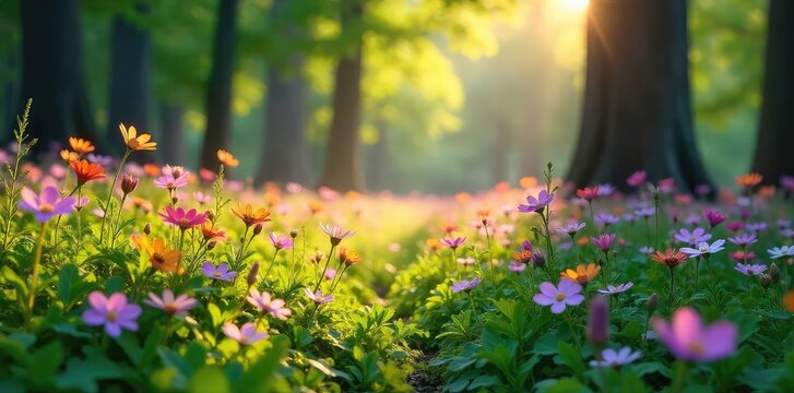 Lush wildflowers carpet a sun-dappled forest floor, vibrant blooms creating a breathtaking natural scene Perfect for nature, spring, and environmental themes , spring, outdoor, rural