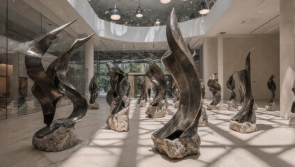 Dynamic Abstract Sculptures in a Sunlit Modern Art Gallery.