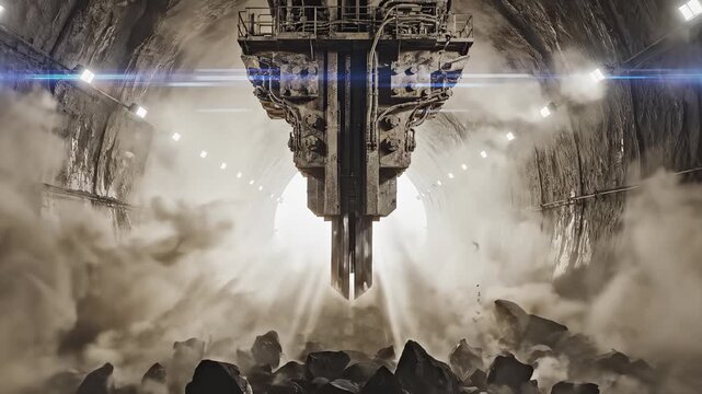 Tunnel Boring Machine Excavates Rock in Mine With Sparks and Smoke