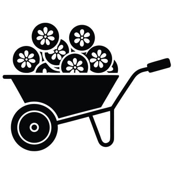 flat vector icon of wheelbarrow with flowers  spr