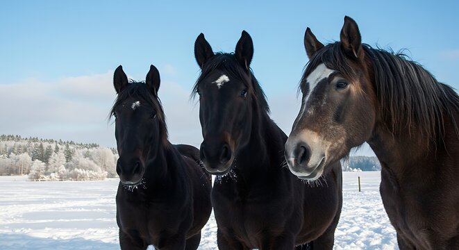 Three dark horses standing in snowy field with winter landscape background - Powered by Adobe
