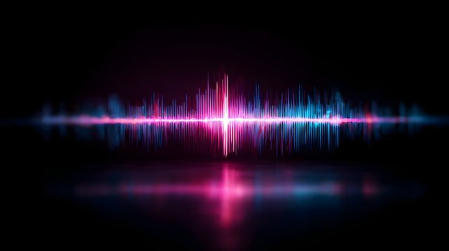 Bright audio visualization displays sound waves with vibrant neon colors.