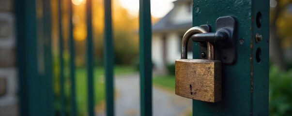 A sturdy lock secures a metal gate, symbolizing protection and security for a home or property The image evokes peace of mind and a feeling of safety and stability , peace of mind, fence, property
