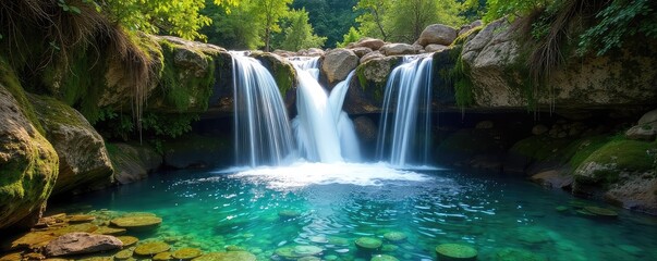 A pristine, cascading waterfall tumbles down mossy rocks into a crystal-clear pool below, sunlight dappling the surface Perfect for nature, travel, and environmental themes , natural beauty, water