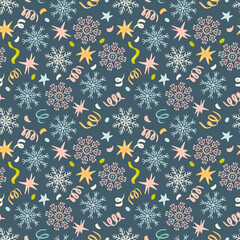 Snowflake seamless pattern with confetti and stars on dark background. Christmas wallpaper