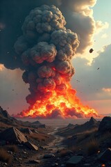 A devastating aerial bombardment depicted; fiery debris and smoke billow across a ravaged landscape, illustrating the destructive power of explosive ordinance , weapon, aftermath, shockwave